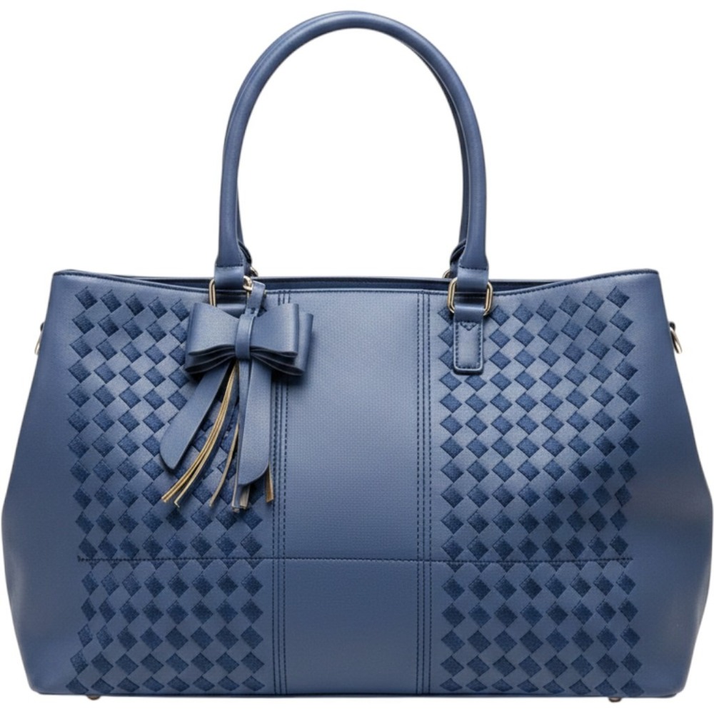 LOVEVOOK Navy Blue Woven Tote Bag‎ Faux Leather Shoulder Bag